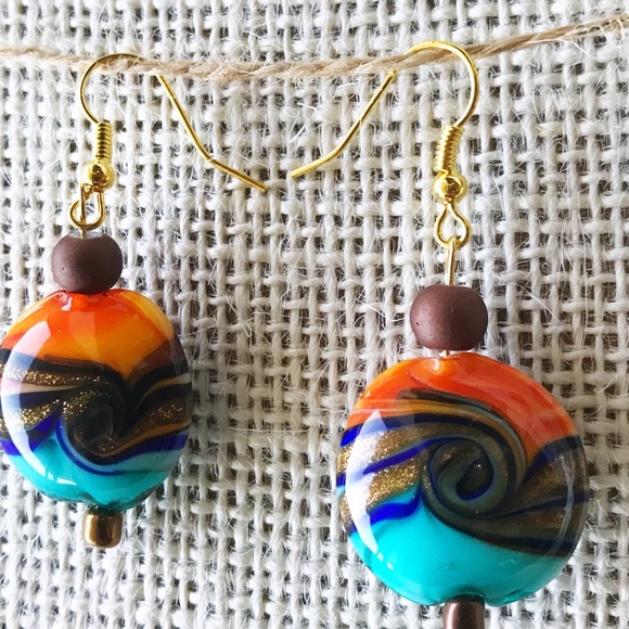 *SOLD*Sunset beach vibe glass gold plated earrings - Picture 2 of 5